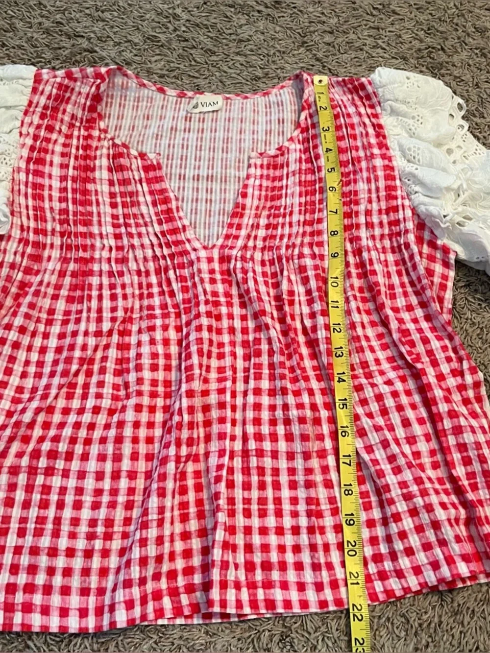 ANTHROPOLOGIE Viam Red Gingham Eyelet Puff Sleeve Top Sz S Cotton Cottagecore